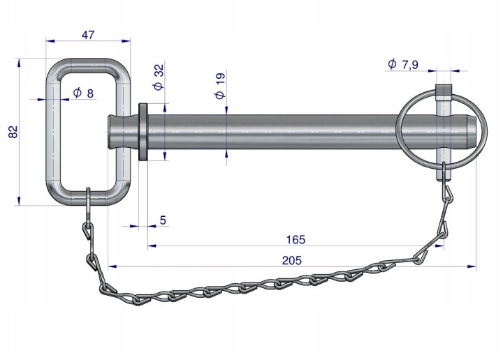 Sworzen-zaczepu-z-zawleczka-i-lancuchem-19x165x205-TEGER-Producent-czesci-Teger